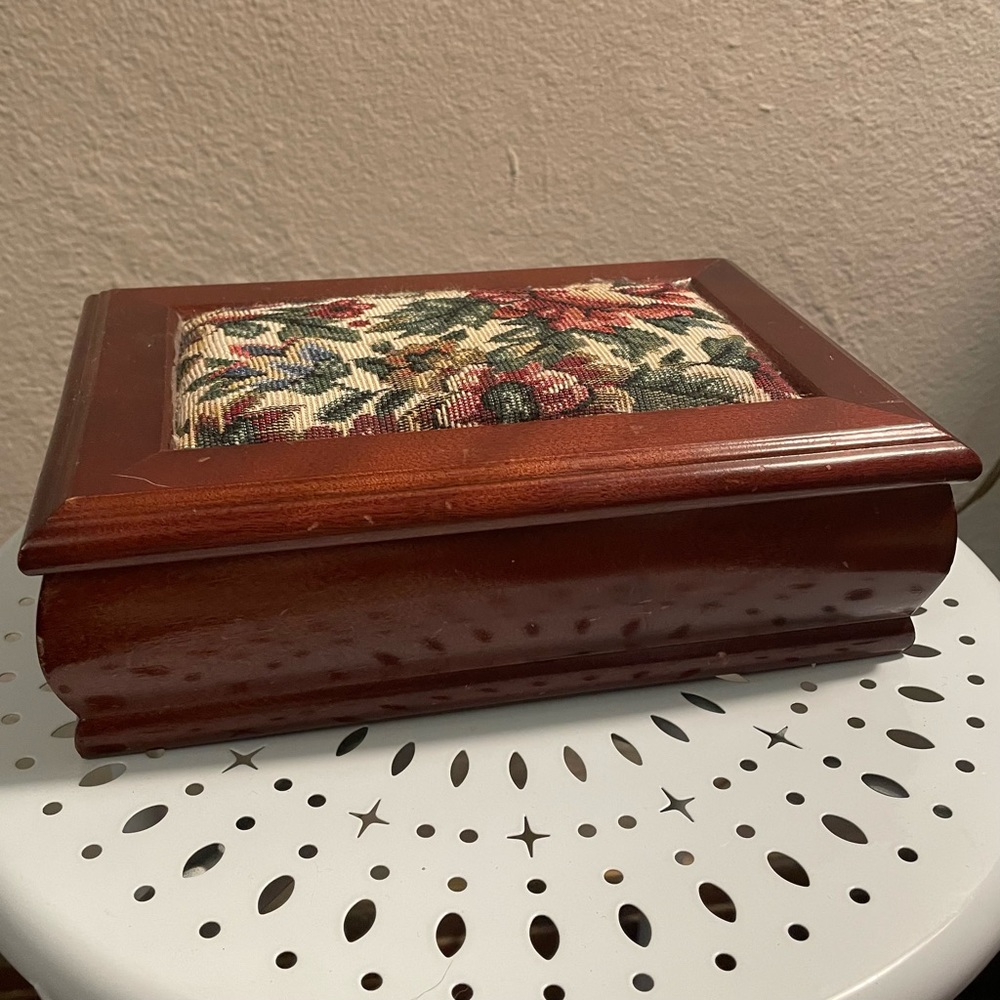 Vintage Wood Jewelry Box with Fabric Appliqué, Green Interior, and Mirror